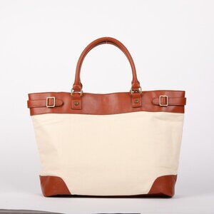 Large Canvas & Vegan Leather Tote – Laptop Bag, Travel Carry-On - Cream/Brown
